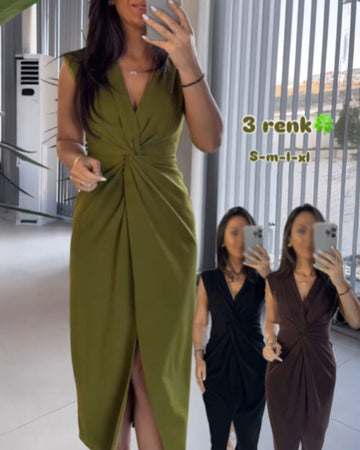 Plunge Sleeveless Slit Twist Dress
